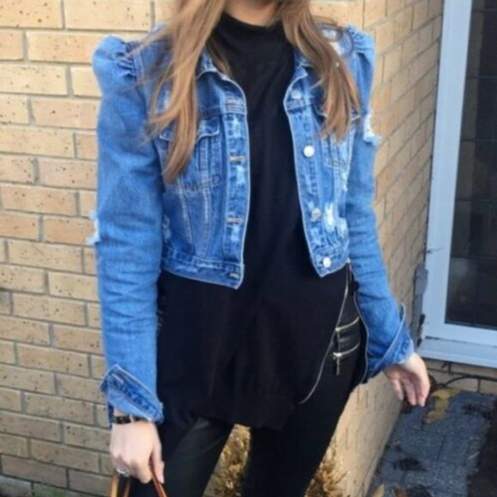 Zara Puffed Shoulder Denim Jean Jacket